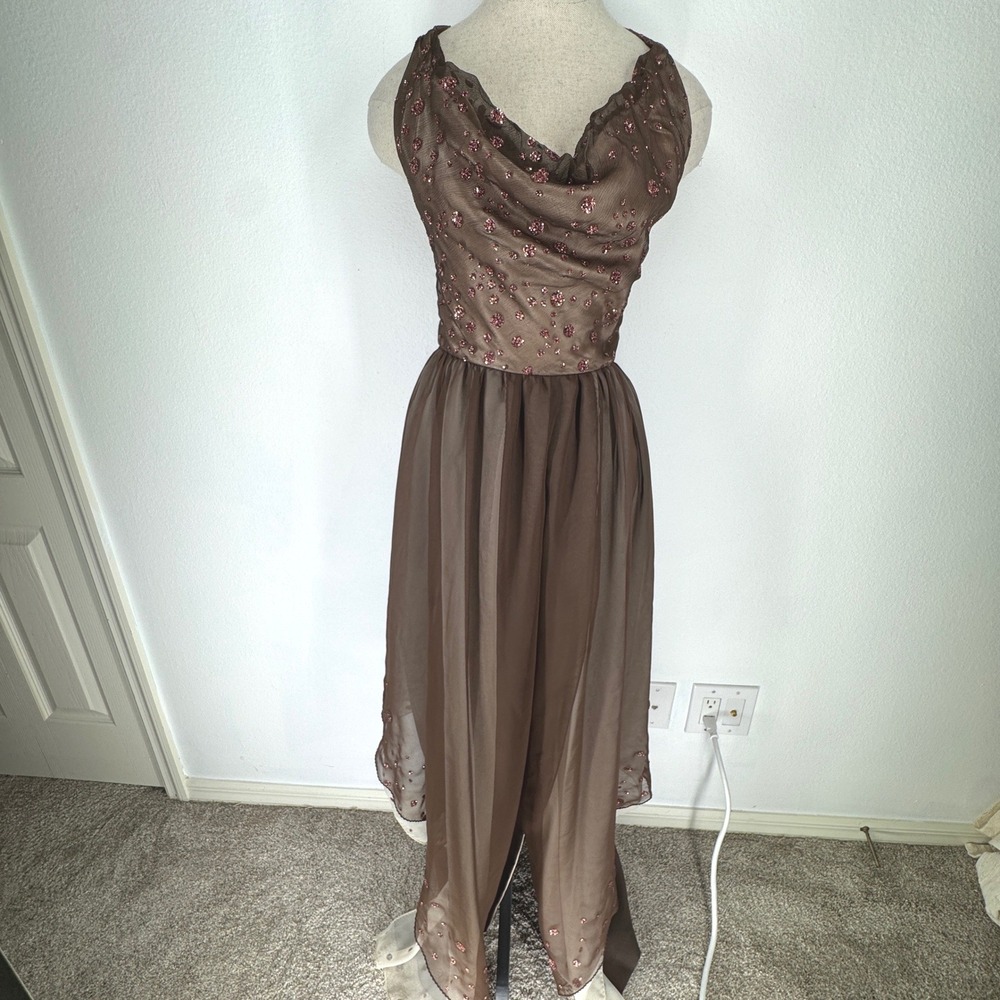 Vintage Handmade Brown Chiffon Glitter Polka Dot Evening Gown Dress Asymmetrical